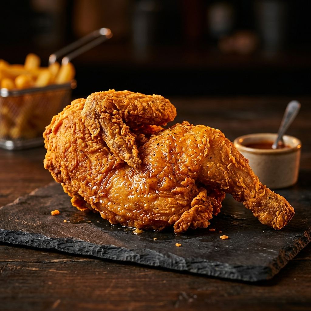 Golden Crunch fried chicken served on a board