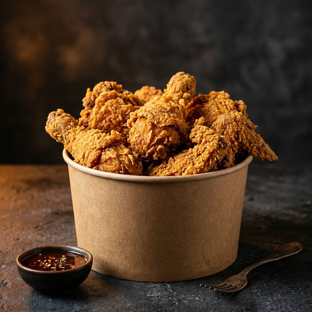 A bucket of Golden Crunch fried chicken with dipping sauce
